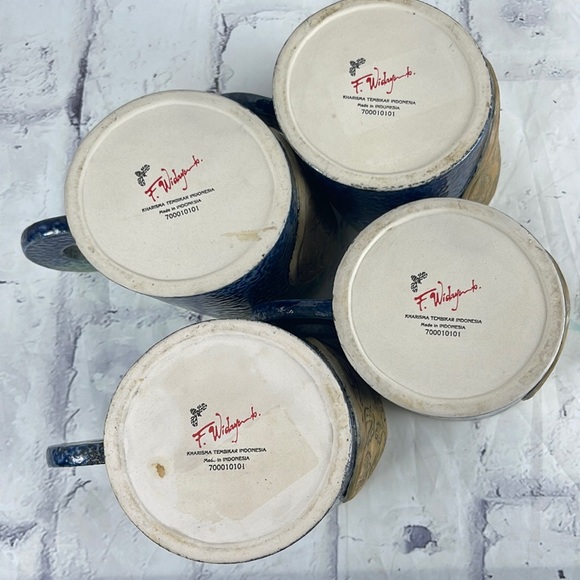 F Widayanto Slanted Ceramic Mugs Set of 4 Artisan Made Ceramic Butterfly Design - Picture 9 of 10